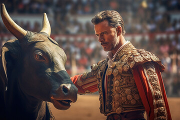 Portrait of a bullfighter with a bull in a Spanish bullfighting arena in a symbolic costume.