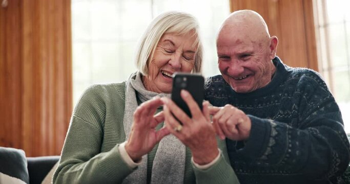 Relax, home and senior couple with smartphone, retirement and conversation with connection, social media or typing. Apartment, old man or elderly woman with a cellphone, mobile user or funny with sms