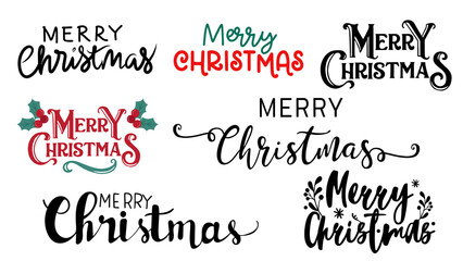 Black merry christmas phrase with transparent background. Red and green. - obrazy, fototapety, plakaty
