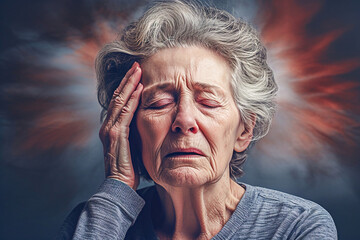 A gray-haired woman holds her head in pain. Headache, ringing in the ears, blood pressure. Precursors of stroke. - obrazy, fototapety, plakaty