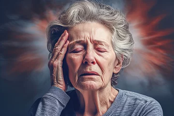 Fotobehang A gray-haired woman holds her head in pain. Headache, ringing in the ears, blood pressure. Precursors of stroke. © ЮРИЙ ПОЗДНИКОВ