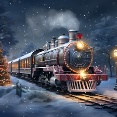 The Polar Express moving through snow during Christmas. Generative ai. 