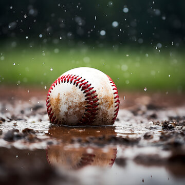Rain Delay. A baseball in the rain and mud. Generative ai. 