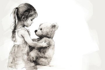 Sad Little Girl Hugging Teddy Bear Black and White Graphic Isolated on White Background