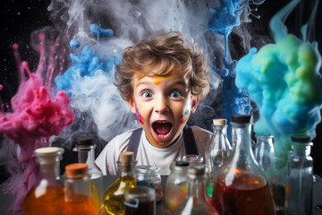 Surprised Child Boy Observing Colorful Chemical Reaction - obrazy, fototapety, plakaty