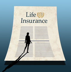 A young adult female considers buying life insurance in this 3-d illustration.