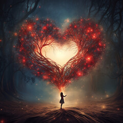 Mystical Forest: Girl Under Heart-Shaped Branches with Entwined Red Lights - Ethereal Illustration of a Nighttime Woodland Scene  - Valentine's Day