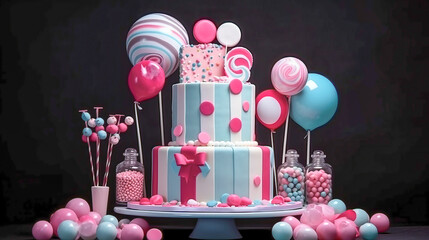 Modern design celebration cake in light blue and pink color. Lollypops,candies theme. Great idea for food art. Happy birthday! 