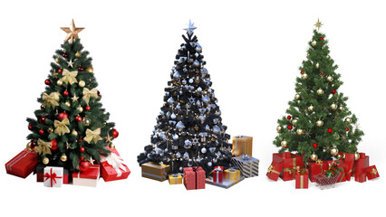 Decorated Christmas trees. Transparent background.