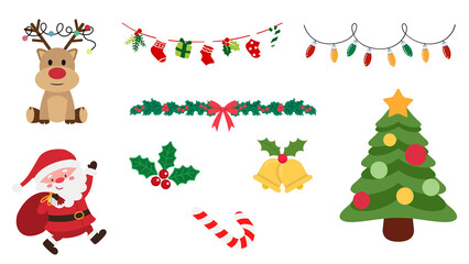 Christmas graphic resources in . Tree, star, garland, Santa Claus, lights, reindeer, candy. Transparent background.