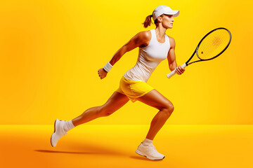 Fototapeta na wymiar Beautiful woman with a tennis racket on a yellow background.