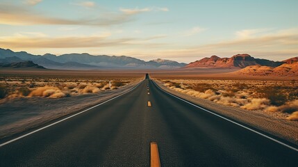 Dashboard camera capturing a desert landscape with a long straight road disappearing into the horizon,Generative Ai 
