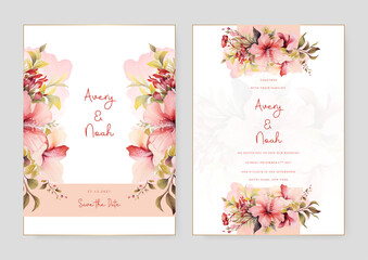 Pink and peach hibiscus luxury wedding invitation with golden line art flower and botanical leaves, shapes, watercolor