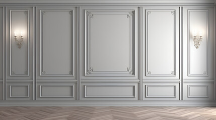 Fragment of an interior made of classic gray panels. Gray wall background with copy space in an empty room with brown parquet floor. Classical wall molding decoration in modern empty luxury home 