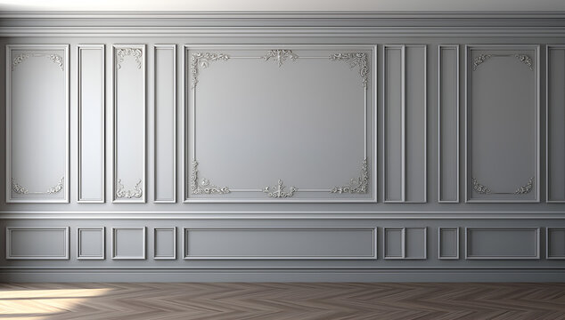 Fototapeta Fragment of an interior made of classic gray panels. Gray wall background with copy space in an empty room with brown parquet floor. Classical wall molding decoration in modern empty luxury home 