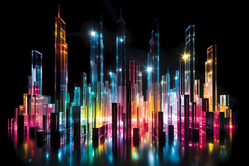 In this futuristic cityscape, skyscrapers crafted from sleek chrome materials rise majestically into the urban skyline, their pristine surfaces serving as a canvas for the dynamic interplay of LED's