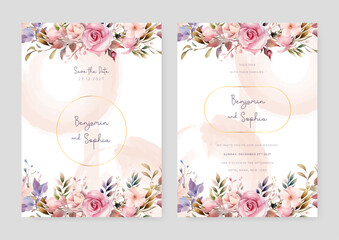 Pink and peach rose and frangipani luxury wedding invitation with golden line art flower and botanical leaves, shapes, watercolor