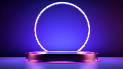 sleek metallic podium or pedestal with neon halo, gradient deep blue to purple background. product template mockup. Mockup for branding, packaging. Blank product shelf standing backdrop. Copy space.