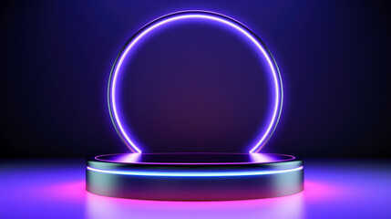 sleek metallic podium or pedestal with neon halo, gradient deep blue to purple background. product template mockup. Mockup for branding, packaging. Blank product shelf standing backdrop. Copy space.