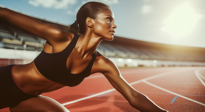 Young Black Woman, Athlete Doing Stretching Exercises On Running Track. Woman Runner Stretching Leg Muscles. Healthy Young Woman Warming Up Outdoors.