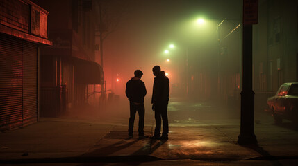Two gang members having conversation in the street, night scene