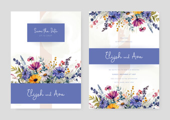 Colorful colourful sunflower cosmos and dahlia set of wedding invitation template with shapes and flower floral border - obrazy, fototapety, plakaty