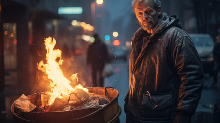 Homeless middle aged man standing near barrel with burning litter at cold night - obrazy, fototapety, plakaty