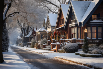 cute residential houses in snowy winter neighborhood. christmas holiday season