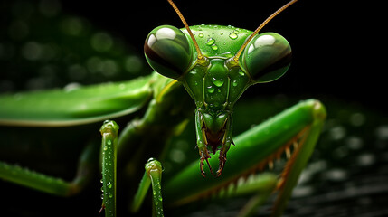 Green praying mantis closeup. Generative AI.