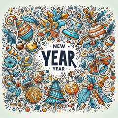 abstract floral background New year banner design with bright colorful hand drawn illustrations, christmas symbols made as background. Vector template for greeting card, social media  generative ai