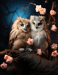 Owls perched on a branch with a full moon in the background