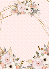 Pink and beige elegant watercolor background with flora and flower