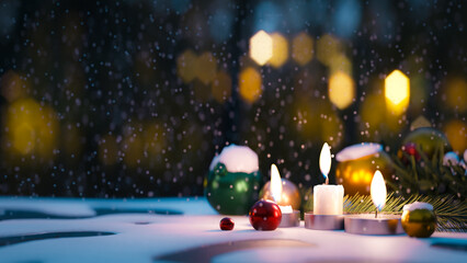 A background of white snow piling up on a table with candles and various Christmas decorations, 3d rendering