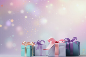 Fototapeta premium Celebration Birthday Background with Parcels Wallpaper Gift Invitation Card Pastel Colors