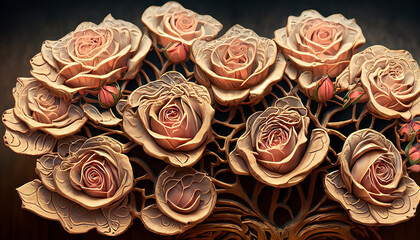 Bukiet róż wyrzeźbiony z drewna - obrazy, fototapety, plakaty