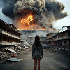 The young woman looks at the burning building that exploded in a rocket attack.

