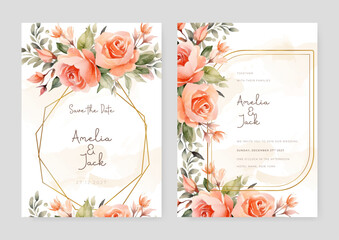 Peach rose artistic wedding invitation card template set with flower decorations