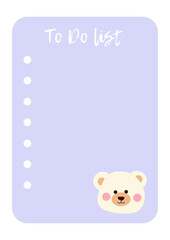 To do list, Note, check list with vector kawaii cute bear for kids, baby, children. Printable kids checklist. Kawaii smile happy cute stationery for children