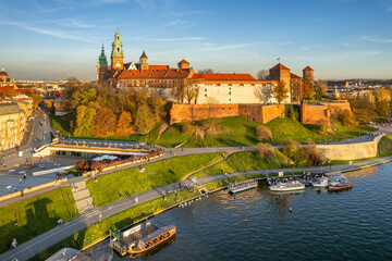 Historic royal Wawel castle in Cracow at sunset, Poland.