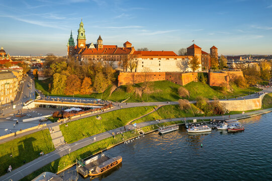 Historic royal Wawel castle in Cracow at sunset, Poland.
