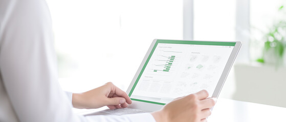 Young businesswoman analyzing statistics on laptop screen, working with financial graphs charts, using business software for data analysis and project management concept.