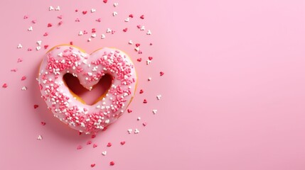 Donut with sprinkles shape of heart ,Valentines Day ,copyspace text, background with print space text, Generative Ai  - obrazy, fototapety, plakaty