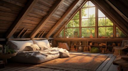 An inviting attic room is filled with natural light and white-washed walls adorned with rustic wood accents
