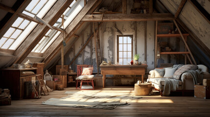 Obraz na płótnie Canvas An inviting attic room is filled with natural light and wooden walls adorned with rustic wood accents