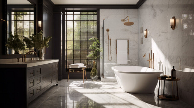 an inviting bathroom with a large marble shower and a vanity with a marble countertop and a freestanding tub