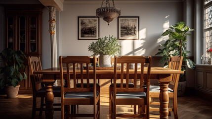 Fototapeta na wymiar an inviting dining room with a large wooden table and six chairs and a chandelier