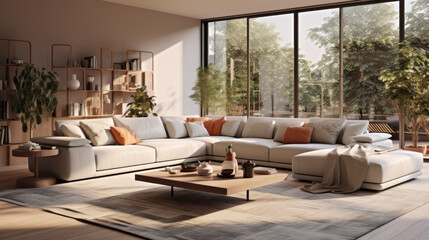 an inviting family room with a large sectional sofa and a patterned rug