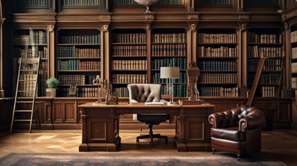 an inviting library with a large wooden desk and several bookcases filled with books and a comfortable leather armchair in the corner - obrazy, fototapety, plakaty