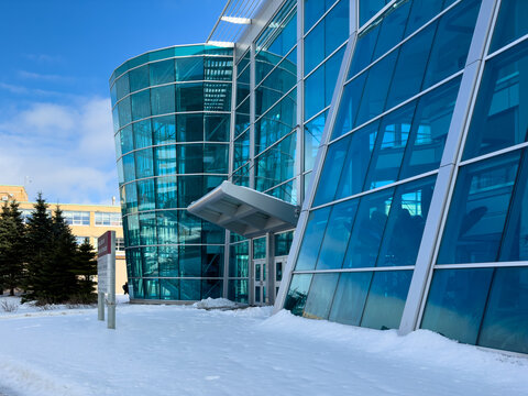 St. John's, Newfoundland, Canada-November 1, 2023:The exterior of Memorial University of Newfoundland's Bruneau Centre with its glass atrium and staircase allows natural light into the research center