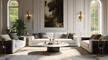 An inviting living room with an elegant velvet sofa and a marble-topped coffee table with gold accents